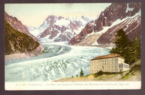   Ansichtskarte AK Chamonix. La mer de glace et l`Hotel du Montanvert (altitude 1921m) (in Farbe) 