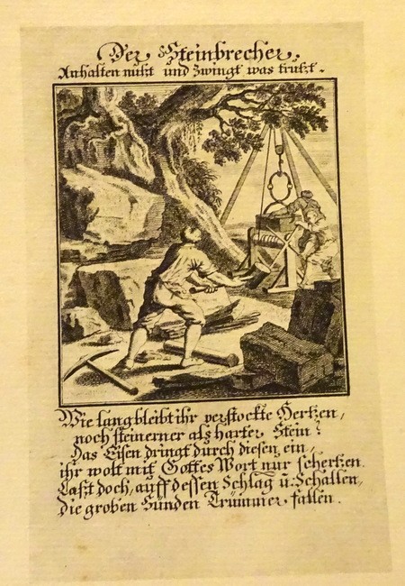 anonym, (d.i. Weigel Christoph d.Ä.)  Gravure nach einem alten Kupferstich "Der Steinbrecher" (mit Text) 