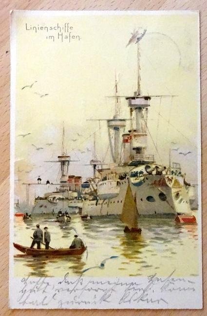 Stöwer, Willy  Ansichtskarte AK Linienschiffe im Hafen (Künstlerkarte (Litho) v. Willy Stöwer (hier nicht im Druck signiert; es gibt im Druck signierte identische Karten) 