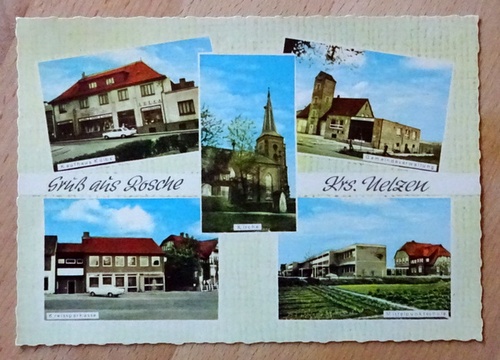   Ansichtskarte AK Gruß aus Rosche / Krs. Uelzen (5 Motive. Kaufhaus Külbs, Kreissparkasse, Gemeindeverwaltung, Mittelpunktschule, Kirche) 
