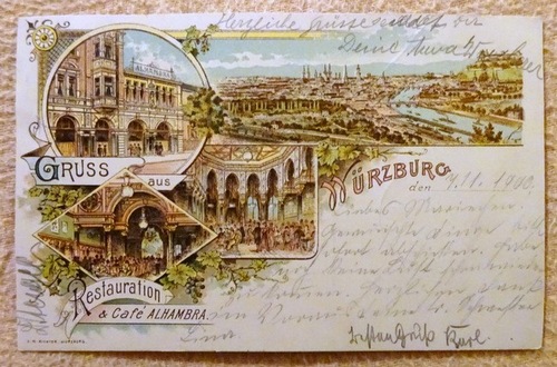   Ansichtskarte AK Gruss aus Würzburg. Restauration & Cafe Alhambra (Farblitho) 