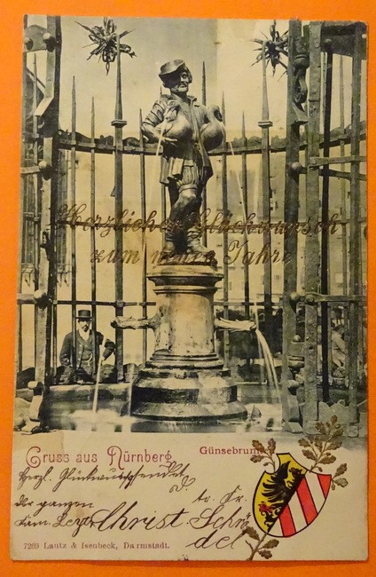   Ansichtskarte AK Gruss aus Nürnberg. Günsebrunnen (Prägekarte mit Neujahrswunsch) 