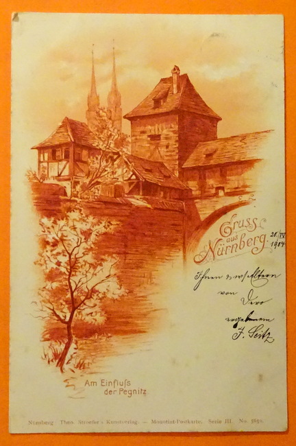  Ansichtskarte AK Gruss aus Nürnberg. Am Einfluss der Pegnitz (Monotint-Postkarte) 