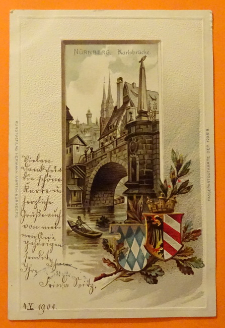   Ansichtskarte AK Nürnberg. Karlsbrücke (Prägedruck mit Wappen) 