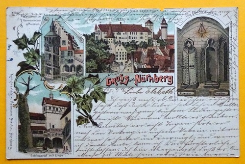   Ansichtskarte AK Gruss aus Nürnberg. Wasserhof im Germanischen Museum, Burg, Eiserne Jungfrau, Schlosshof mit Linde (Farblitho) 