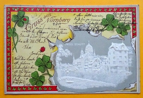   Ansichtskarte AK Gruss aus Nürnberg. Insel Schütt (Prägekarte mit Kleeblatt) 
