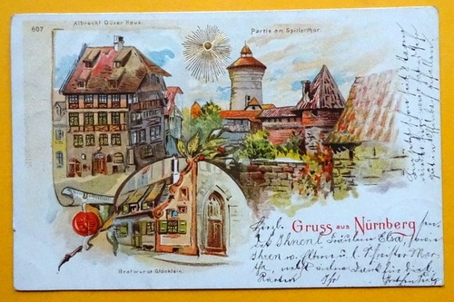   Ansichtskarte AK Nürnberg. Albrecht Dürer Haus; Partie am Spittlerthor; Bratwurst Glöcklein (Farblitho mit goldener Sonne) 