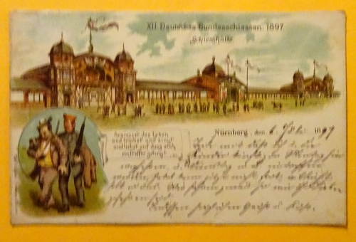   Ansichtskarte AK Nürnberg. XII. Deutsches Bundesschiessen 1897. Schiesshalle (Farblitho) 