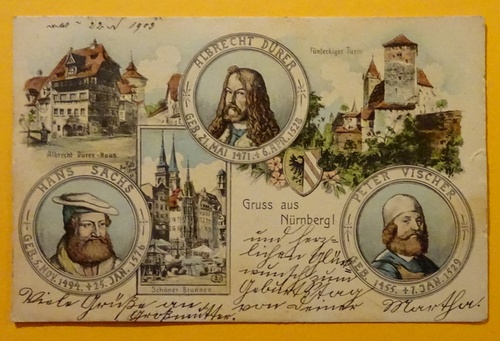   Ansichtskarte AK Gruss aus Nürnberg. (6 Motive) (Farblitho Albrecht-Dürer-Haus, Fünfeckiger Turm, Schöner Brunnen; Hans Sachs, Albrecht Dürer, Peter Vischer) 