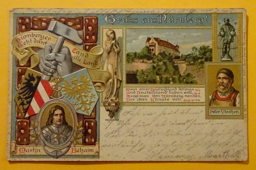   Ansichtskarte AK Gruss aus Nürnberg. Mehrbildkarte (Farblitho. Martin Behaim, Peter Vischer, Prägekarte) 