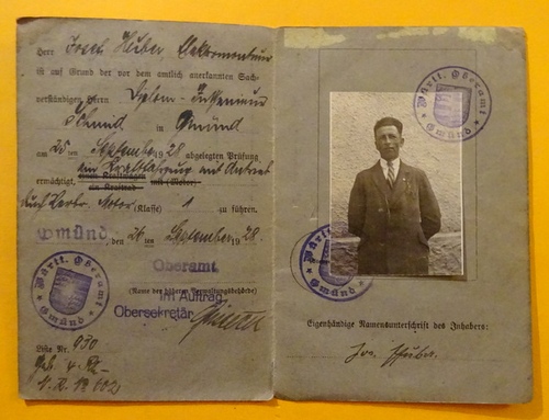 Huber, Joseph  Führerschein für Joseph Huber, Elektromonteur in Gmünd von 1928 