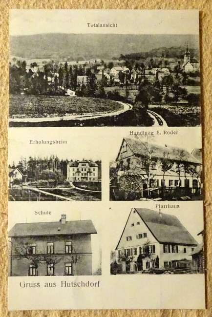   Ansichtskarte AK Gruß aus Hutschdorf (5 Motive. Totalansicht, Erholungsheim, Handlung E. Roder, Erholungsheim, Schule, Pfarrhaus) 