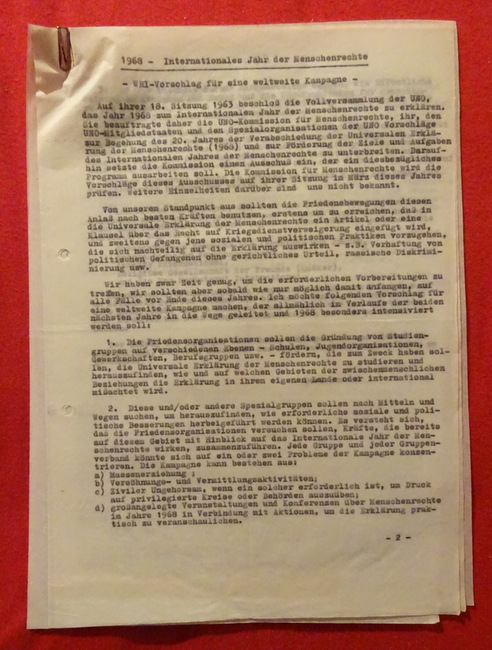 WRI und Theodor Michaltscheff  WRI (War Resisters International) 1968 Internationales Jahr der Menschenrechte (WRI-Vorschlag für eine weltweite Kampagne (3 Blatt) + Schreiben v. Th. Michaltscheff für ein Internationales Institut für Menschenrechte) 