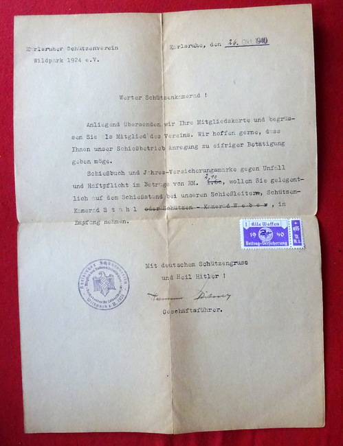   Schreiben des Karlsruher Schützenverein Wildpark 1924 e.V. an ein neues Mitglied "Werter Schützenkamerad" 