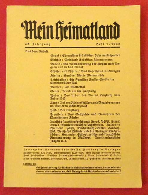 Busse, H.E. (Hg.)  Mein Heimatland, Heft 1, 1938 (Badische Blätter für Volkskunde, Heimat- und Naturschutz, Denkmalpflege, Familienforschung und Kunst) 