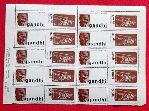 Gandhi, Mohandas Karamchand  Bogen mit 20 Klebemarken mit Motiv Gandhi 100 Jahre 2.10.1869-2.10.1969 
