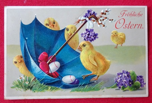   Ansichtskarte AK Fröhliche Ostern (Prägekarte. Farblitho. 5 Küken mit Regenschirm) 