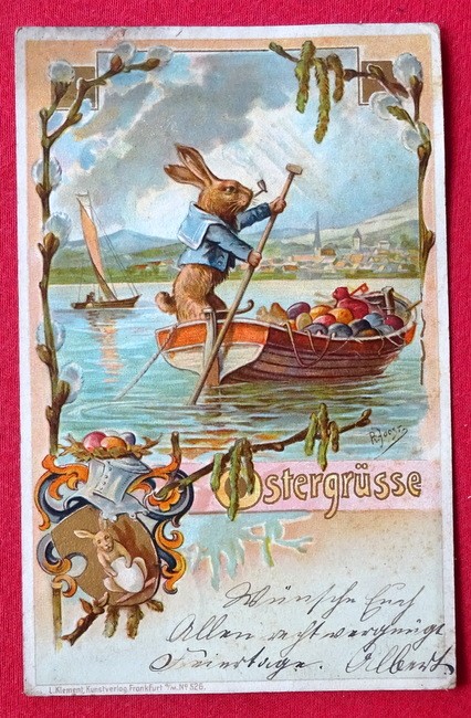   Ansichtskarte AK Ostergrüsse (Künstlerkarte, Farblitho v. R. Joost. Osterhase mit Ostereiern beim Übersetzen mit einem Boot u. Wappen) 