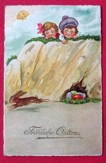   Ansichtskarte AK Fröhliche Ostern (2 Kinder beobachten fliehenden Osterhasen) 