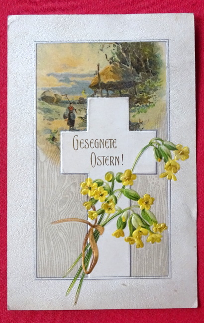   Ansichtskarte AK Gesegnete Ostern (Prägekarte. Litho. Kreuz mit Osterglocken vor Landschaft) 