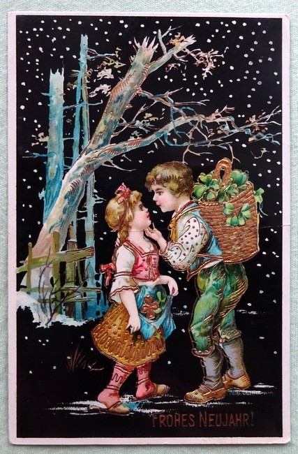   Ansichtskarte AK Frohes Neues Jahr (2 Kinder im dunken Wald. Prägekarte) 