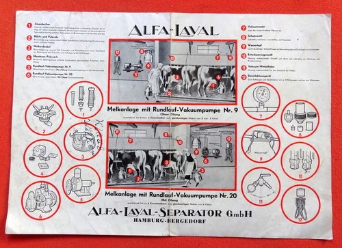 ALFA-LAVAL  Werbeblatt / Merkblatt Alfa-Laval Melkanlage mit Rundlauf-Vakuumpumpe Nr. 9 und Nr. 20 
