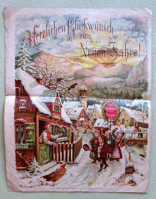   Großes Blatt (27,8 x 21,7cm) "Herzlichen Glückwunsch zum Neuen Jahre" (Farblitho Kinder beim Gang durchs verschneite Dorf) 