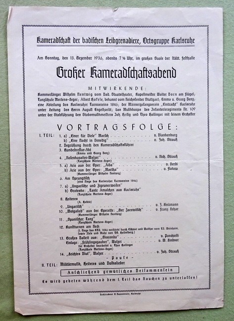 diverse  Programm "Großer Kameradschaftsabend der Kameradschaft der badischen Leibgrenadiere, Ortsgruppe Karlsruhe am 13. Dezember 1936 i.d. Städt. Festhalle 