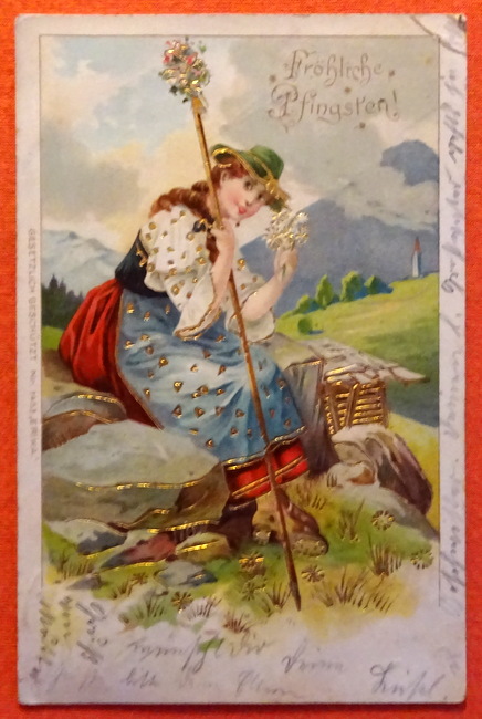   Ansichtskarte AK Fröhliche Pfingsten (Junge Frau in Tracht. Alpen) 