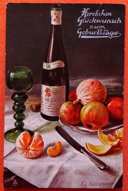   Ansichtskarte AK Herzlichen Glückwunsch zum Geburtstage (Künstlerkarte von Fritz Hildebrandt. Stilleben, Wein und Früchte) 