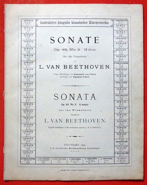 Beethoven, Ludwig van  Sonate Op. 49, No. 2 G dur für das Pianoforte (Unter Mitwirkung von Immanuel von Faisst, bearb. Sigmund Lebert) 