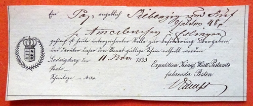   Paketschein v. 11. November 1833 für ein Paket von "angeblich Siebenzig und fünf Gulden 48p" für Taxe 4kr 
