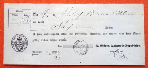   Paketschein v. 27. März 1870 für ein Paket von "im Werth Fünf Gulden" für Scheintaxe 2kr 