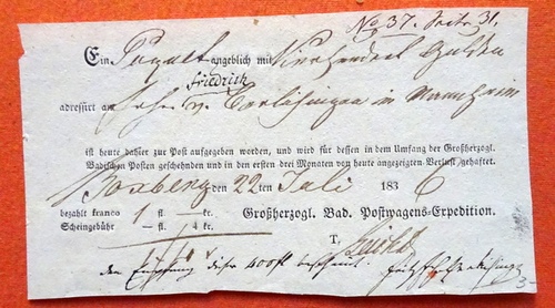   Paketschein v. 22. Juli 1836 für ein Paket für Scheintaxe 4kr 