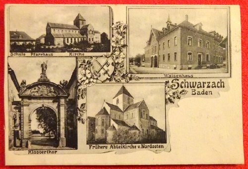   Ansichtskarte AK Schwarzach Baden (Schule, Pfarrhaus, Kirche, Klosterthor, Frühere Abteikirche v. Norden, Waisenhaus) 