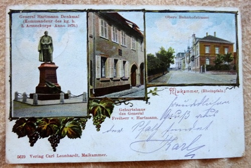   Ansichtskarte AK Maikammer. 3 Ansichten (General Hartmann Denkmal, Geburtshaus General Freiherr v. Hartmann, Obere Bahnhofstrasse) 