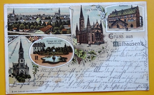   Ansichtskarte AK Gruß aus Mühlhausen i./E. (Farblitho 5 Motive: Total, St. Stephanskirche, Anlage der städt. Wasserleitung, Ev. Kirche, Rathaus) 