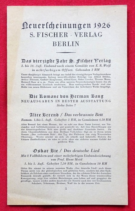 S. Fischer, Berlin  Werbung des Verlages S. Fischer Berlin "Neuerscheinungen 1926" (Werbeprospekt des Verlages) 