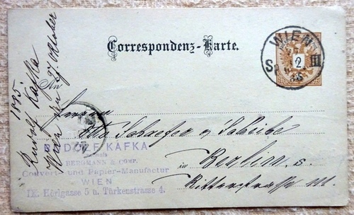   Ansichtskarte AK Ganzsache "Rudolf Kafka vormals Bergmann & Comp. Couvert- und Papier-Manufactur Wien IX, Hörlgasse 5 u. Türkenstrasse 4 (Correspondenz-Karte) 