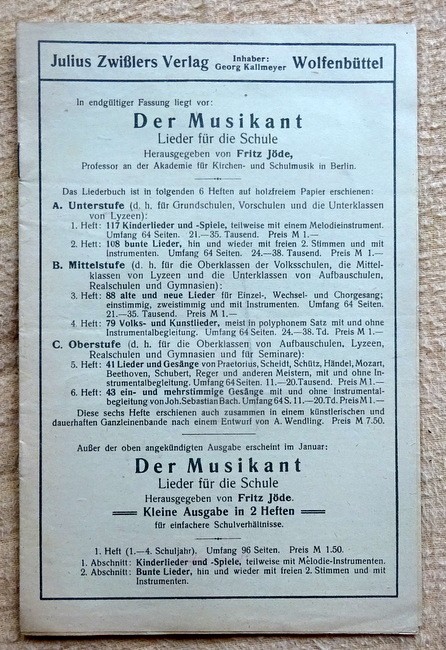 Julius Zwißler Verlag  Werbebroschüre für die Reihe "Der Musikant" (Lieder für die Schule v. Fritz Jöde) 