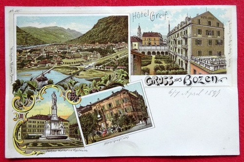   Ansichtskarte AK Gruss aus Bozen. Farblitho (Gesamtansicht, Hotel Greif, Denkmal Walther von der Vogelweide, Hotel Greif (alt) 