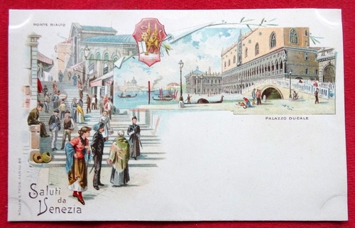   Ansichtskarte AK Saluti da Venezia (Venedig). Farblitho. Ponte Rialto / Palazzo Ducale 