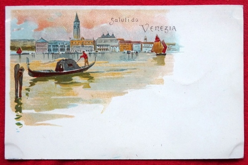   Ansichtskarte AK Saluti da Venezia (Venedig). Farblitho. Gondoliere am Canale Grande 