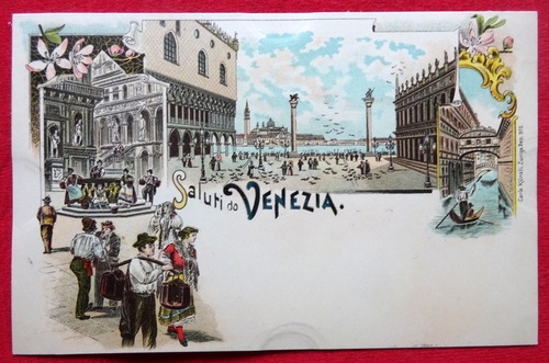   Ansichtskarte AK Saluti da Venezia (Venedig). Farblitho. Wasserträger am Markusplatz 