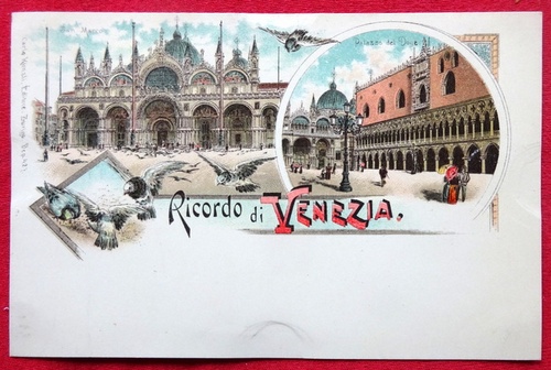   Ansichtskarte AK Ricordo da Venezia (Venedig). Farblitho. Markusplatz, Palazzo, Tauben 