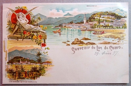   Ansichtskarte AK Souvenir du Lac de Como. Farblitho. 3 Ansichten. Bellagio, Vue Deouis La Villa Carlotta, Amor et Psyche 