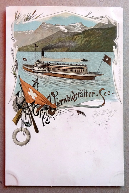   Ansichtskarte AK Gruß vom Vierwaldstättersee. Farblitho. Mit Dampfer Victoria 