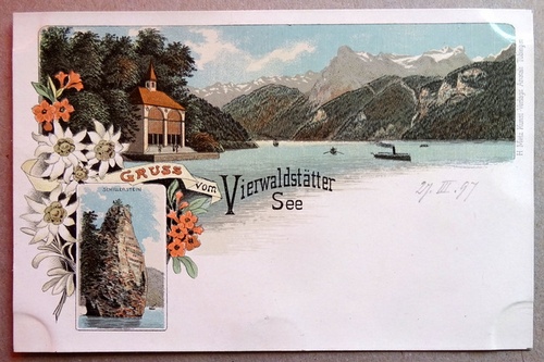   Ansichtskarte AK Gruß vom Vierwaldstättersee. Farblitho. Panorama, Schillerstein 