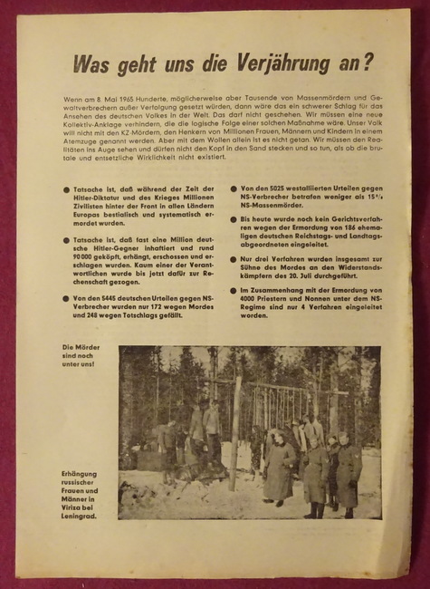Höhn, Willy (Verantw.)  Flugblatt "Was geht uns die Verjährung an?" (Flugblatt gegen die Verjährung von Naziverbrechen am 8. Mai 1965 der VVN (Vereinigung der Verfolgten des Naziregimes) 