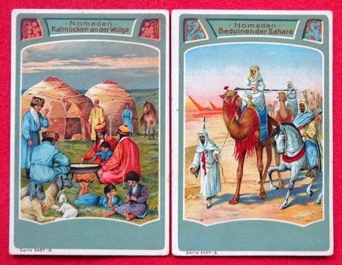   Reklamebild / Kaufmannsbild / Sammelbild Dr. Nauenburgs Nervenbalsam (Serie 5407 Nomaden Nr. 2 (Kalmücken an der Wolga), Nr. 3 (Beduinen der Sahara) 